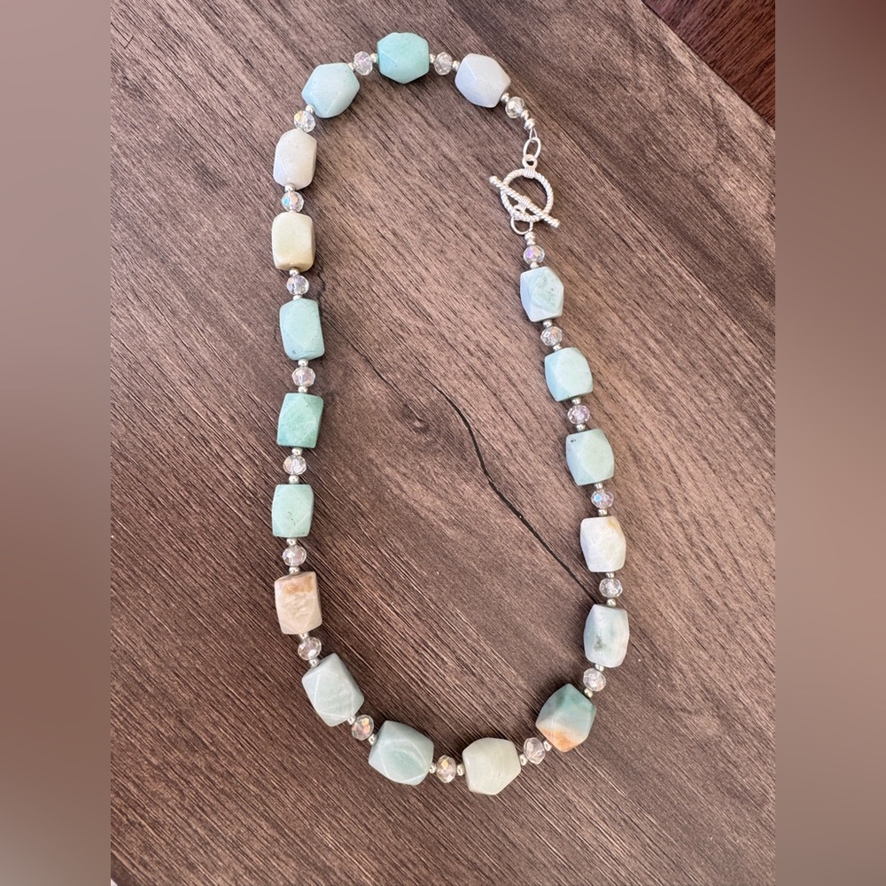 Handmade Natural Stone Amazonite and AB Glass Beaded Necklace - Picture 4 of 8